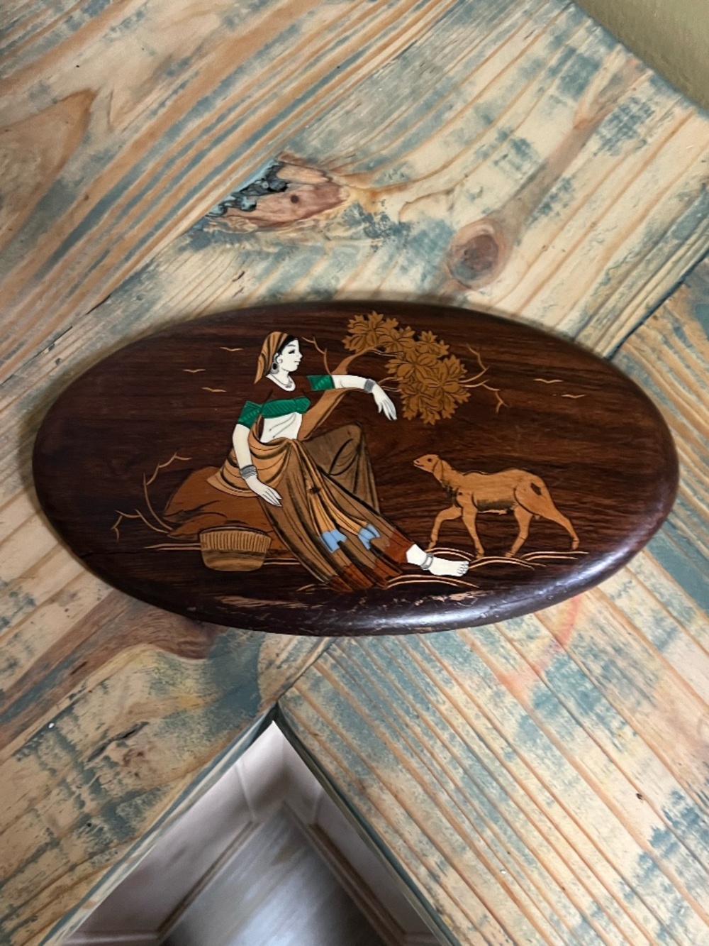 Vintage Marquetry Wood Inlay Indian Hanging Artwork